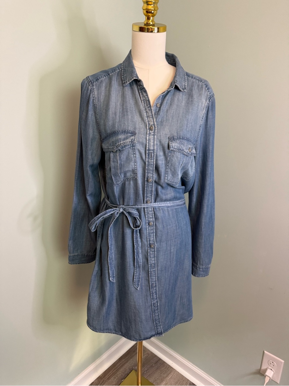American Eagle  Blue Denim Shirt Dress Long Sleeve Tie Waist Light Wash